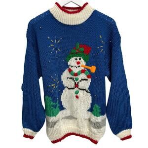 Vintage EVE Ltd Ugly Christmas Sweater Blue Hand Knit Snowman Size 18W 80s
